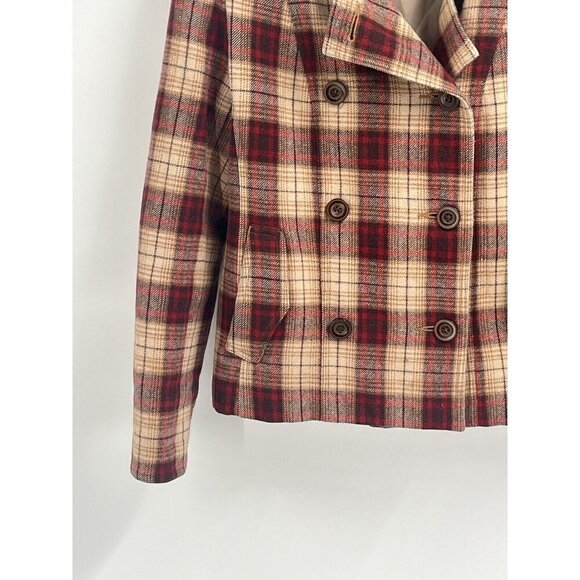 Giacco Wool Plaid Double Breasted Pea Coat Brown Faux Fur Sz Small - Picture 2 of 7